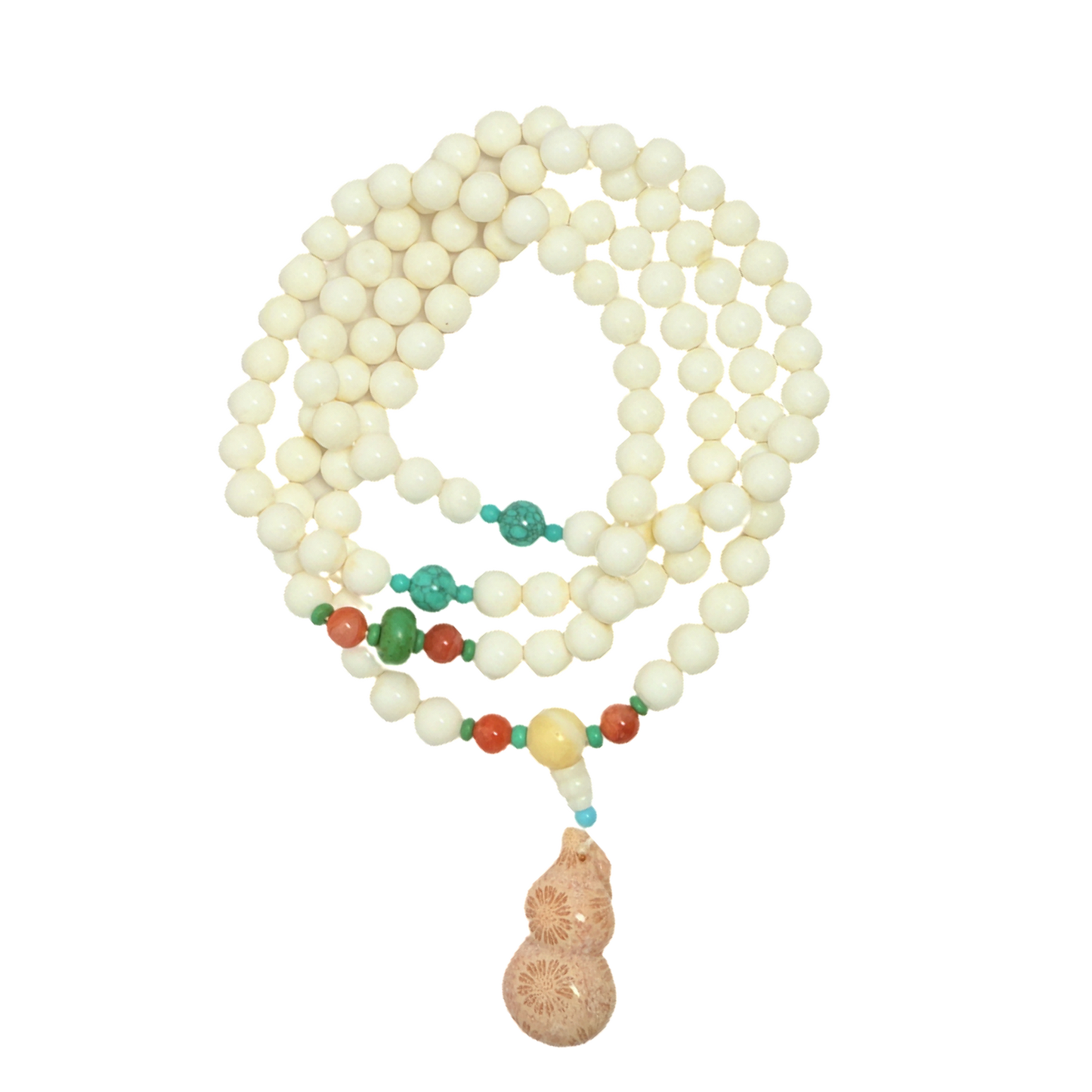 Tridacna Multi-Gem Necklace · Coral Fossil Gourd Pendant