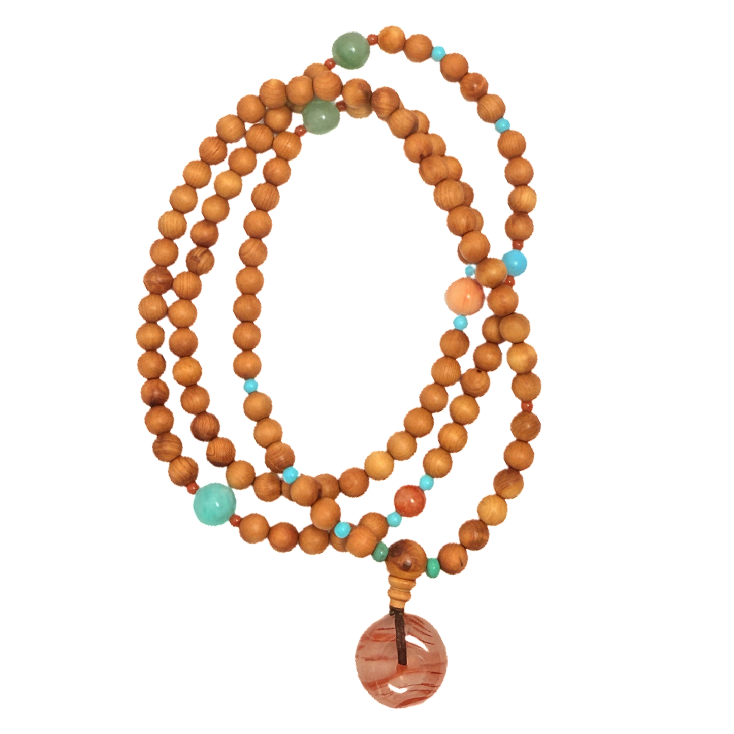 Thuja 108 Beads Mala Bracelet · Multi-Gem Accents with Stone Pendant