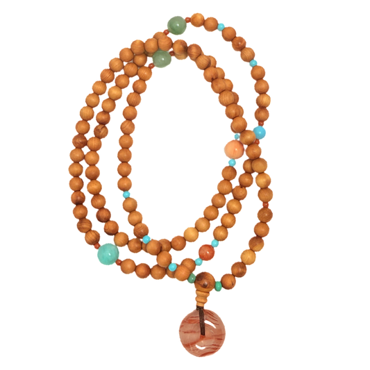 Thuja 108 Beads Mala Bracelet · Multi-Gem Accents with Stone Pendant
